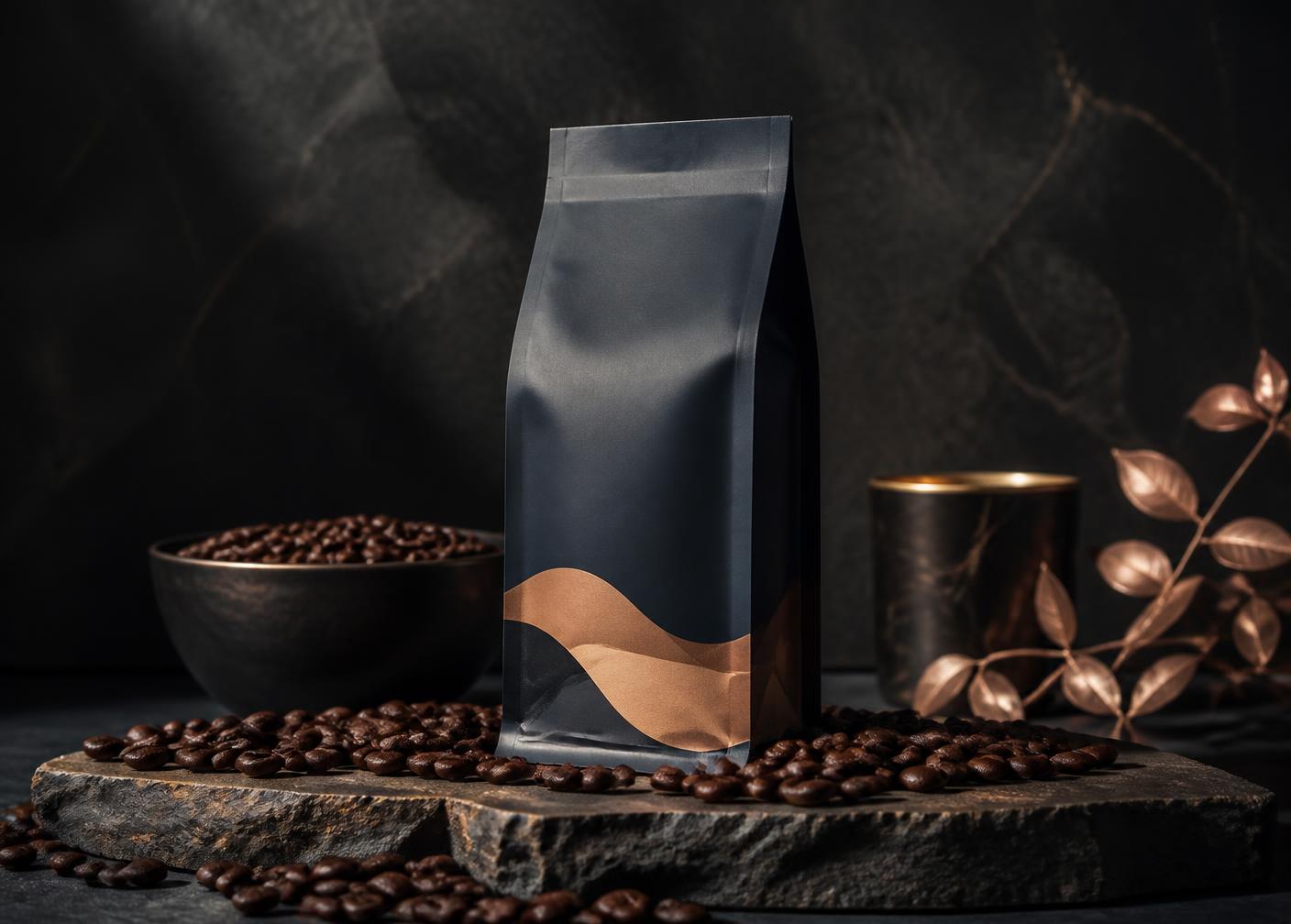 Matte dark coffee packaging with rose gold detail surrounded by whole coffee beans